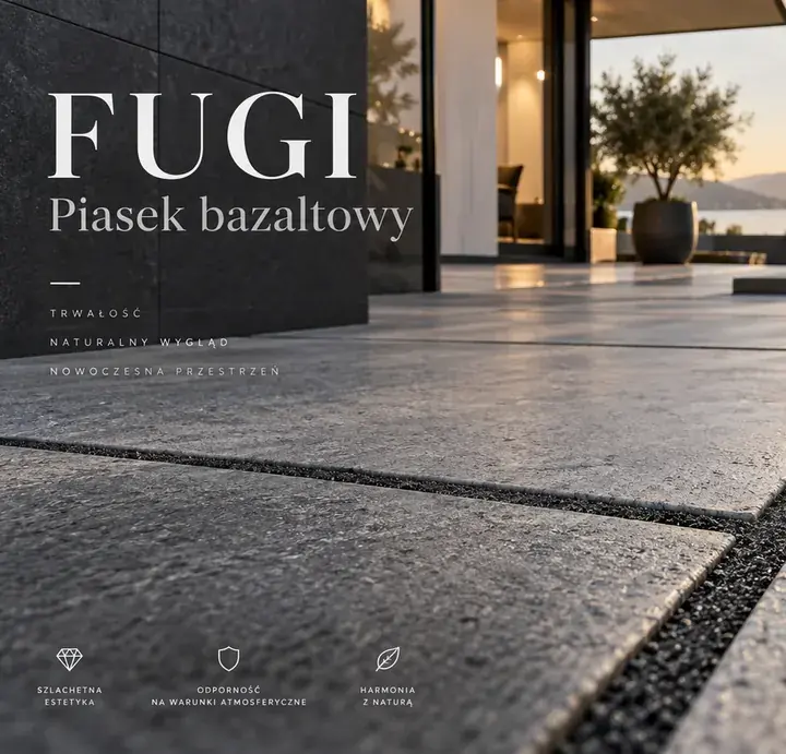 Ciemna fuga z piasku bazaltowego w nawierzchni z płyt