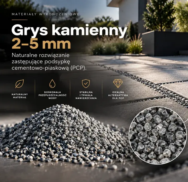 Grys kamienny 2–5 mm — pryzma grysu i ziarna w spoinach nawierzchni