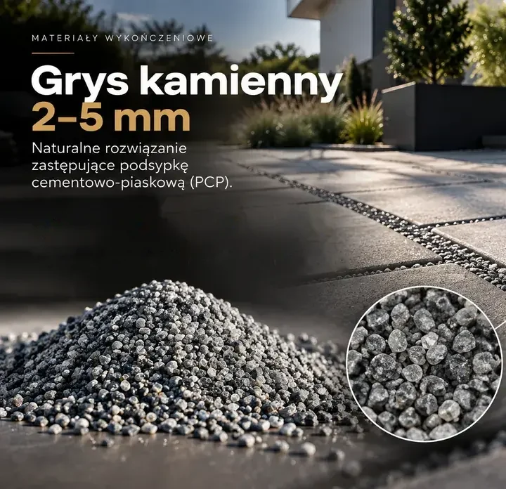 Grys kamienny 2–5 mm — pryzma grysu i ziarna w spoinach nawierzchni